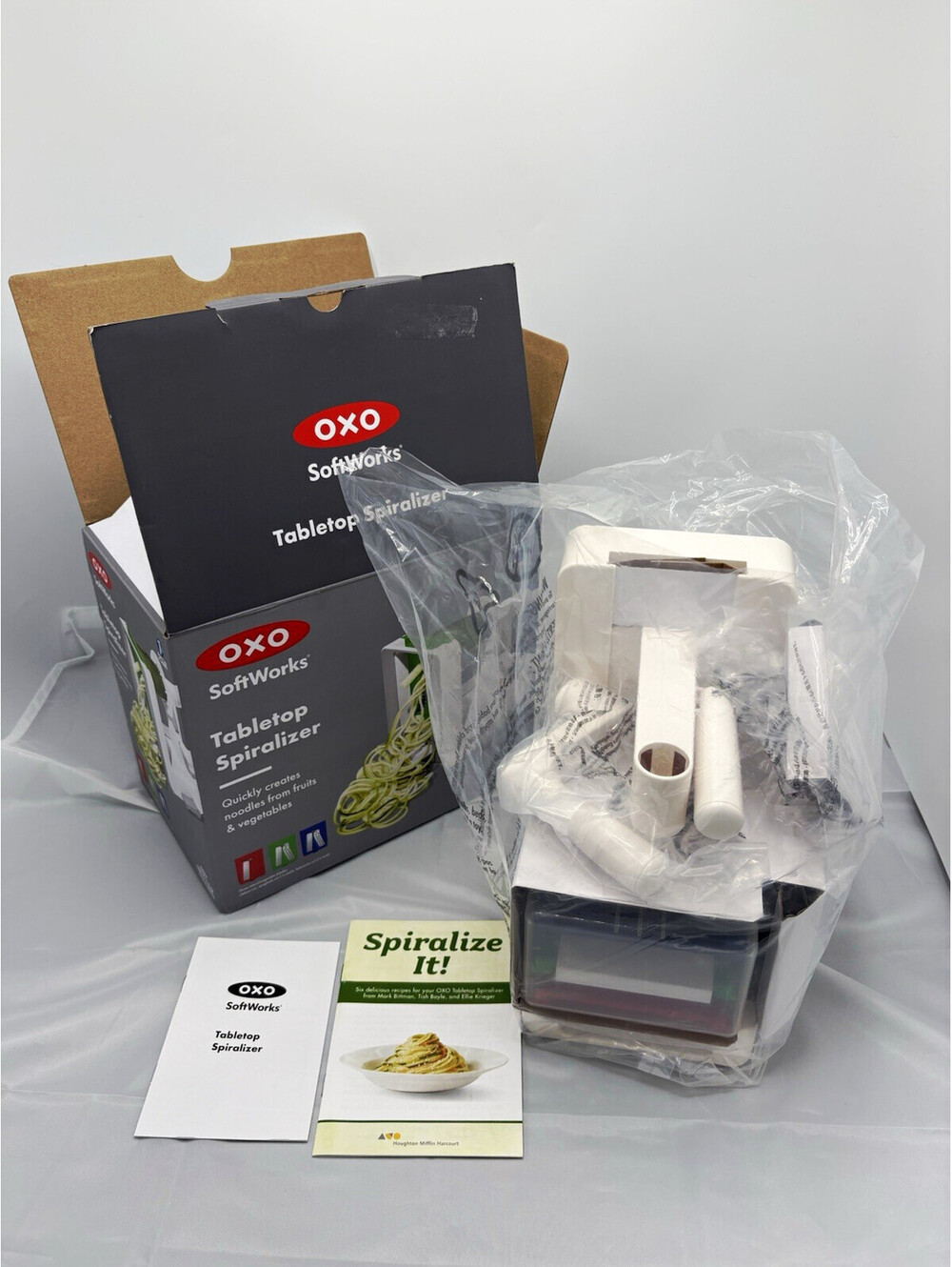 OXO SoftWorks Tabletop Manual Spiralizer Blades Storage Manual Recipe Book NIB